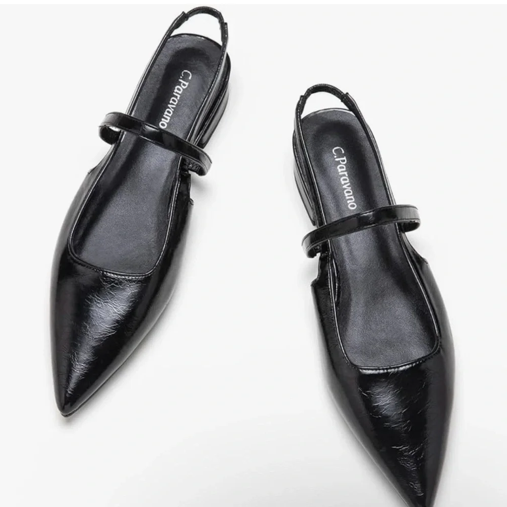 C. Paravano Freya Pointed Toe Slingback Flat Ankle Strap Patent Black 41 US 10.5